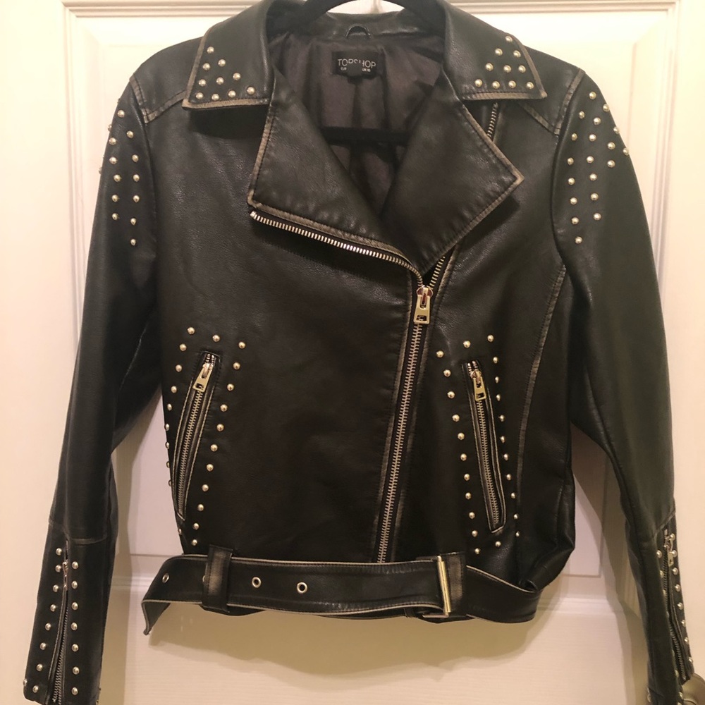 TOPSHOP vegan distressed leather studded motorcycle jacket, Size 6
